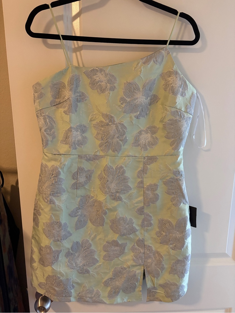 Lulu's Pale Yellow Floral Jacquard Spaghetti Strap Mini Dress